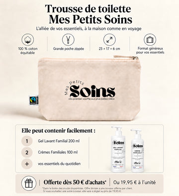 Translation missing: fr.Trousse de toilette Mes Petits Soins en coton équitable avec dimensions, capacité et offre dès 50 € d'achat