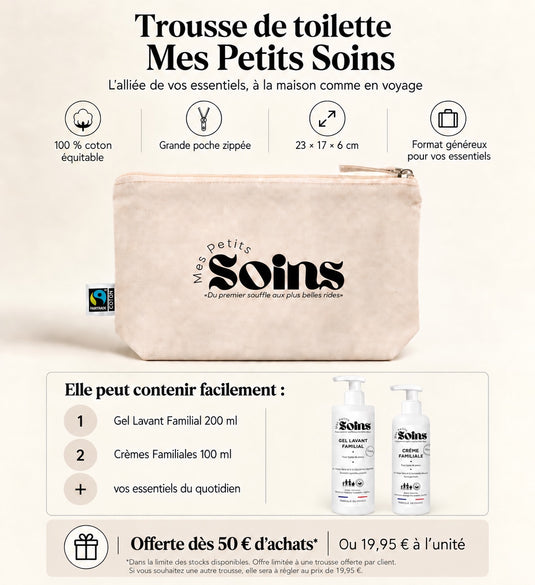 Translation missing: fr.Trousse de toilette Mes Petits Soins en coton équitable avec dimensions, capacité et offre dès 50 € d'achat