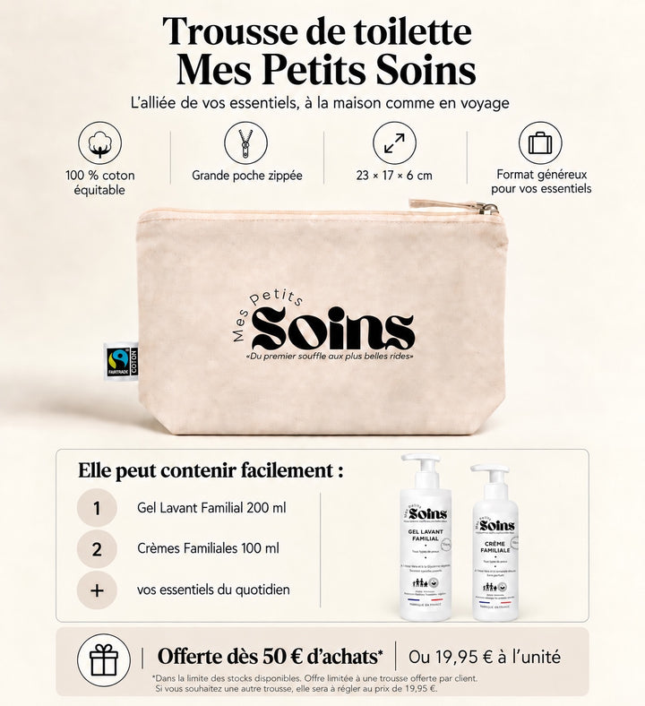 Translation missing: fr.Trousse de toilette Mes Petits Soins en coton équitable avec dimensions, capacité et offre dès 50 € d'achat